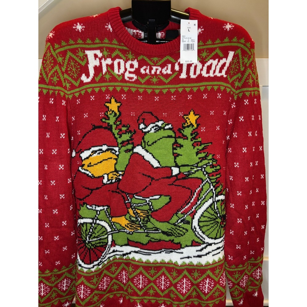 Frog and Toad Christmas Sweater Red Fair Isle Santa Bicycle Knit Top Large NEW